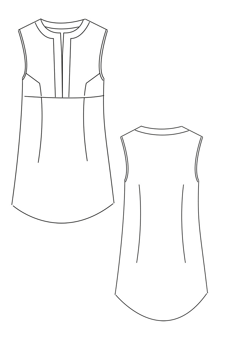 Skizze eines Schnittmusters für ein ärmelloses Kleid